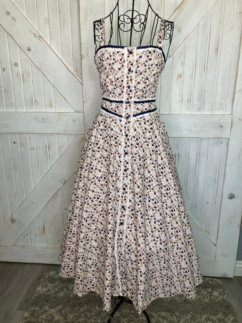 70's Vintage Gunne Sax White Blue Brown Calico Floral Prairie Midi Sundress Dress 9