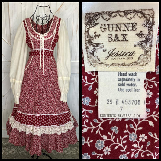 70's Vintage Gunne Sax Red White Blue Calico Peasant Sleeve Corset Prairie Midi Dress 7