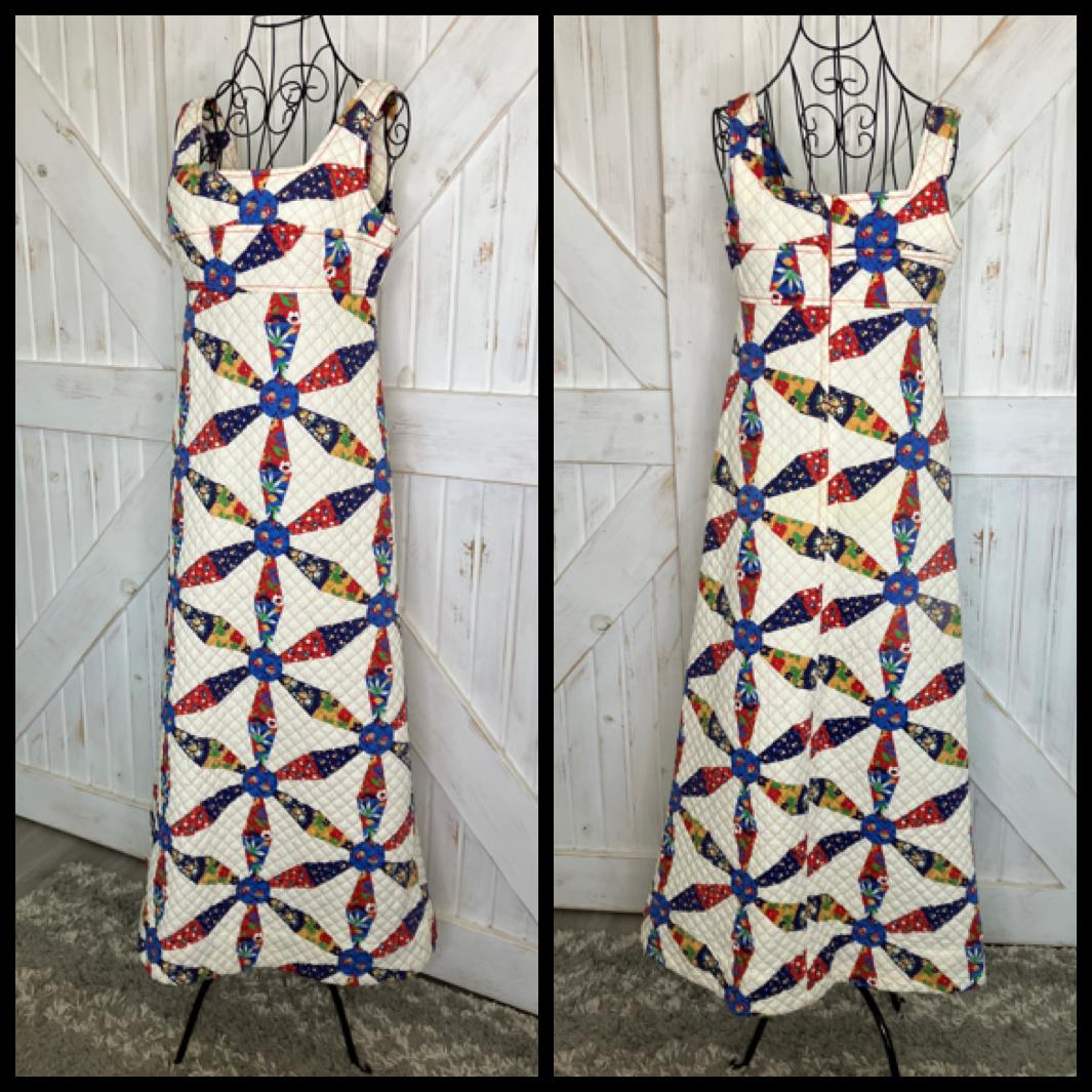 70's Vintage Nancy B of California White Rainbow Quilted Patchwork Calico Pinwheel Prairie Hippie Maxi Sundress Dress