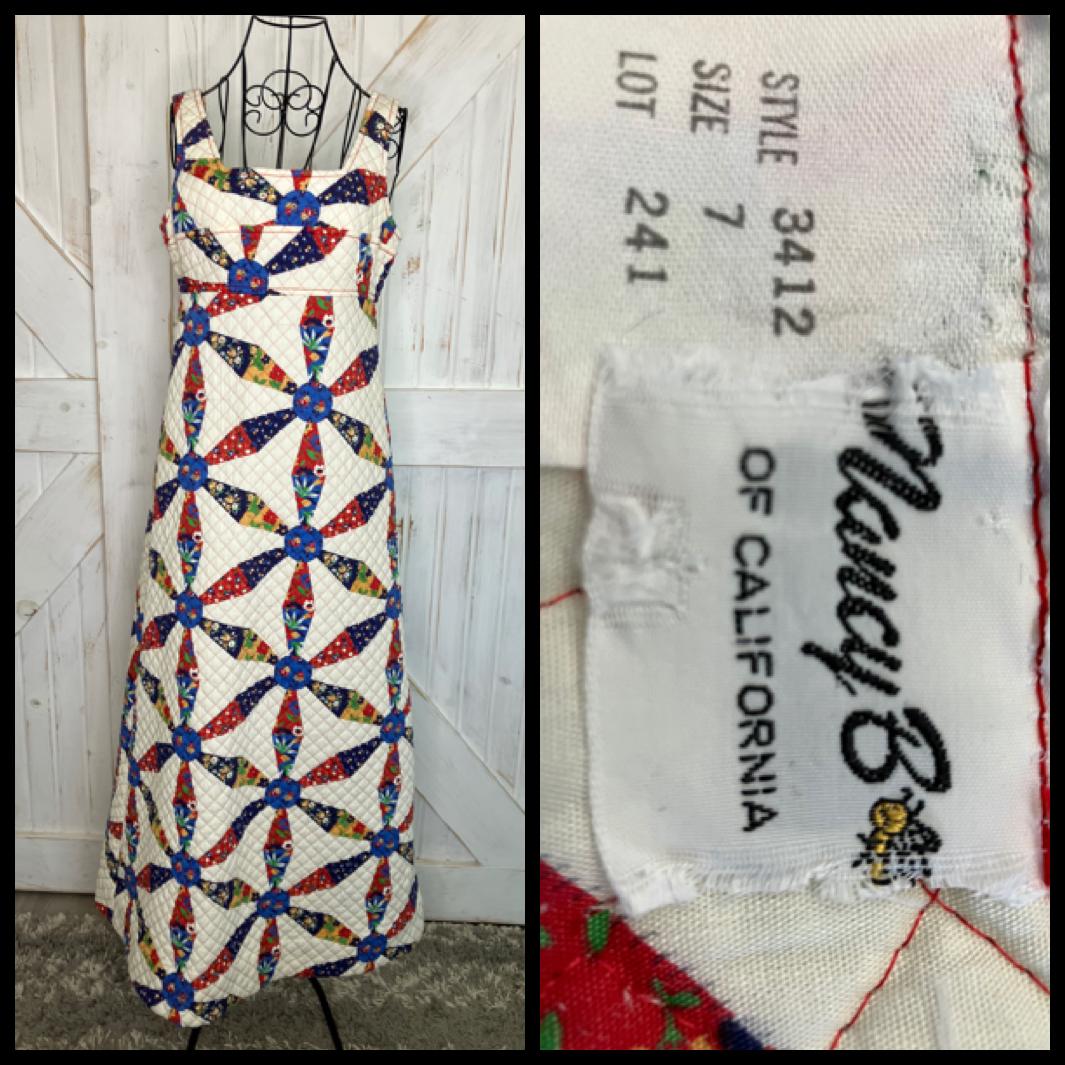 70's Vintage Nancy B of California White Rainbow Quilted Patchwork Calico Pinwheel Prairie Hippie Maxi Sundress Dress