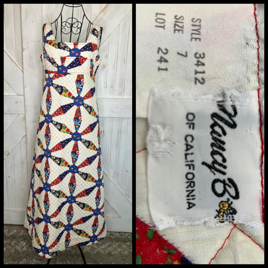 70's Vintage Nancy B of California White Rainbow Quilted Patchwork Calico Pinwheel Prairie Hippie Maxi Sundress Dress