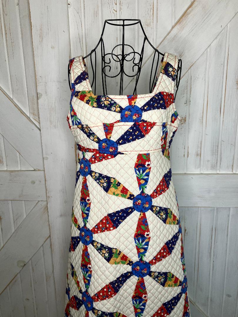 70's Vintage Nancy B of California White Rainbow Quilted Patchwork Calico Pinwheel Prairie Hippie Maxi Sundress Dress