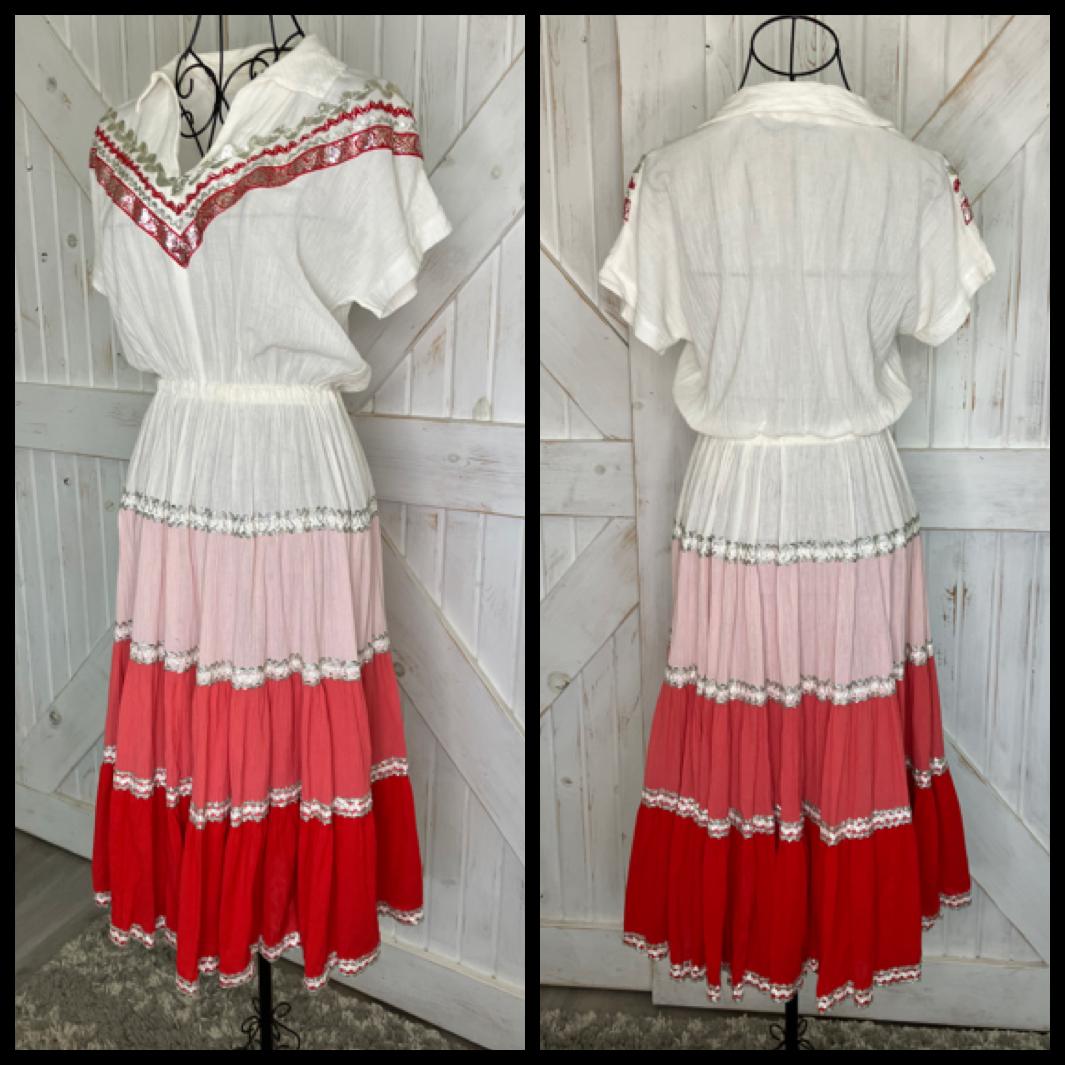 70's Vintage Indian Cotton Red White Pink Silver Rockabilly Swing Western Cowgirl Midi Dress *FLAWS