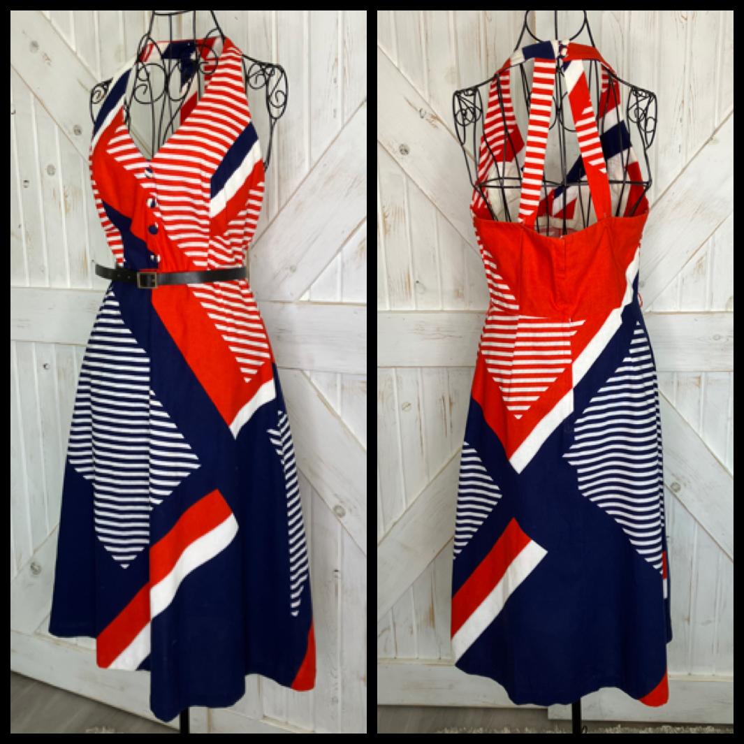 70's Vintage Malia Honolulu Red White Blue Stripe Nautical Halter Hawaiian Mini Midi Sundress Dress