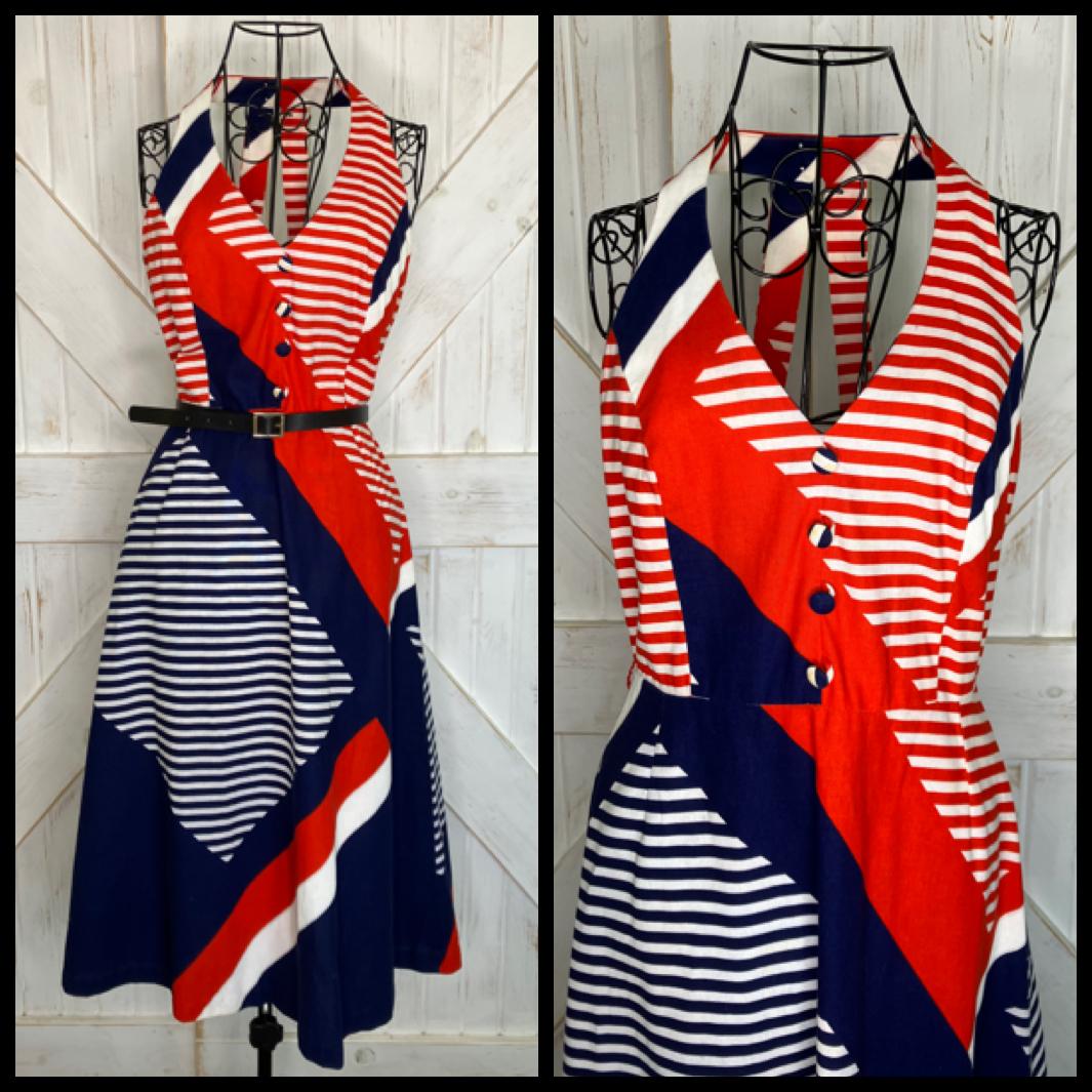 70's Vintage Malia Honolulu Red White Blue Stripe Nautical Halter Hawaiian Mini Midi Sundress Dress