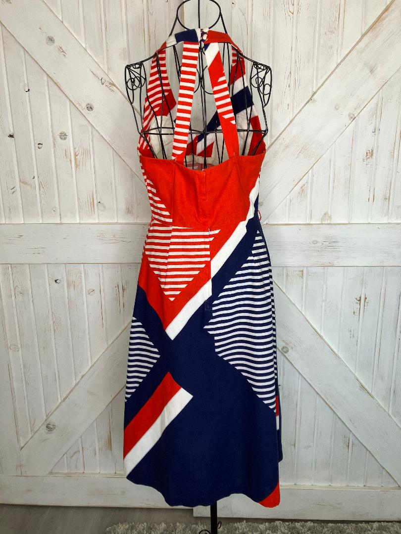 70's Vintage Malia Honolulu Red White Blue Stripe Nautical Halter Hawaiian Mini Midi Sundress Dress