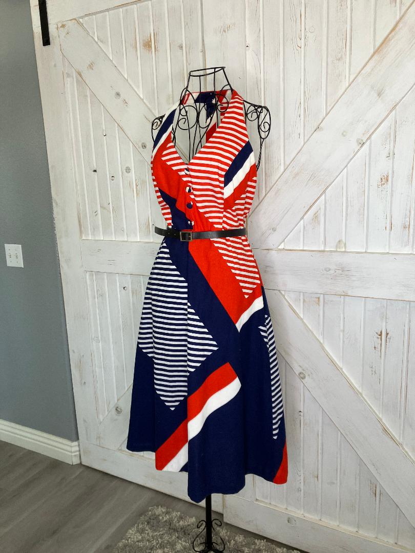 70's Vintage Malia Honolulu Red White Blue Stripe Nautical Halter Hawaiian Mini Midi Sundress Dress
