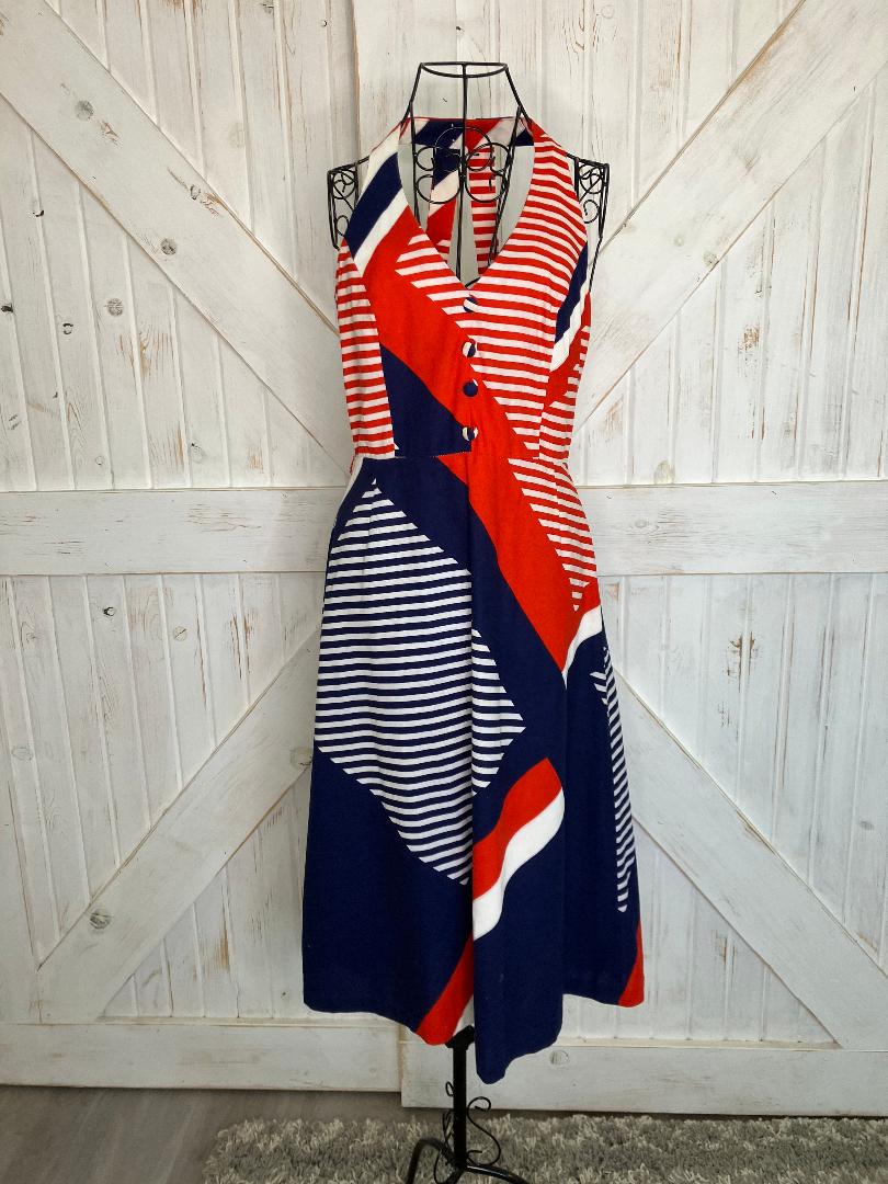 70's Vintage Malia Honolulu Red White Blue Stripe Nautical Halter Hawaiian Mini Midi Sundress Dress