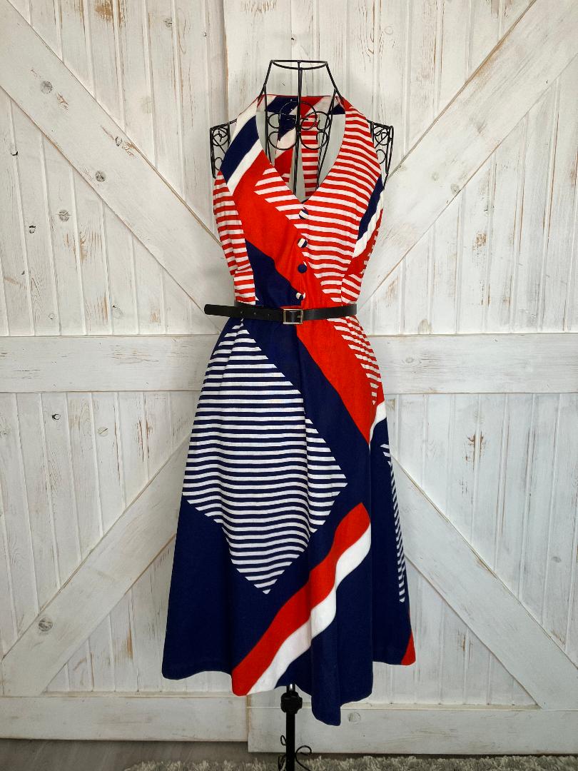 70's Vintage Malia Honolulu Red White Blue Stripe Nautical Halter Hawaiian Mini Midi Sundress Dress