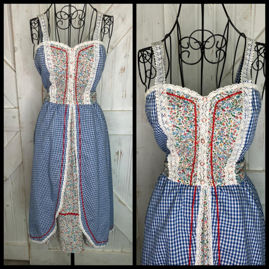 70's Vintage Ann Marie Gunne Sax STYLE Blue White Gingham Red Calico Prairie Midi Sundress Dress