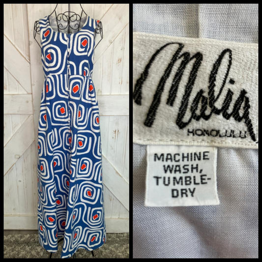 70's Vintage Malia Honolulu Blue White Red Atomic Hawaiian Maxi Sundress Dress
