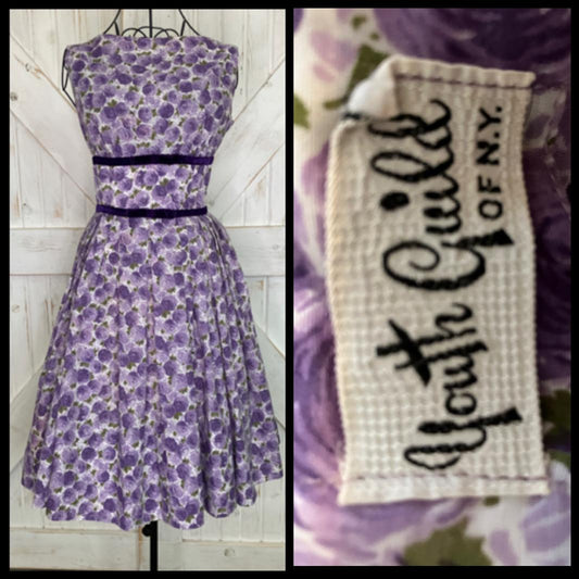 50's Vintage Youth Guild NY Purple White Green Floral Flower Pin Up Tea Garden Dress