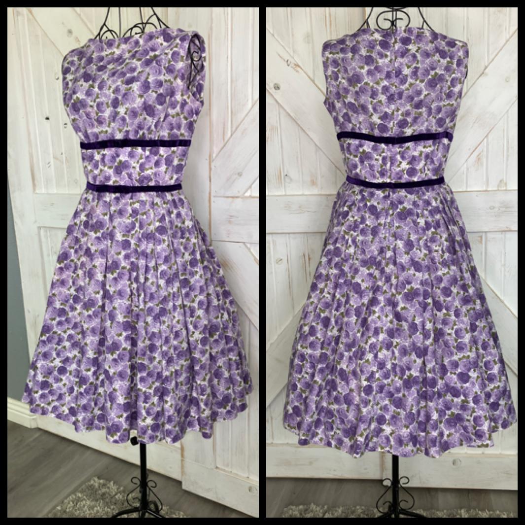 50's Vintage Youth Guild NY Purple White Green Floral Flower Pin Up Tea Garden Dress