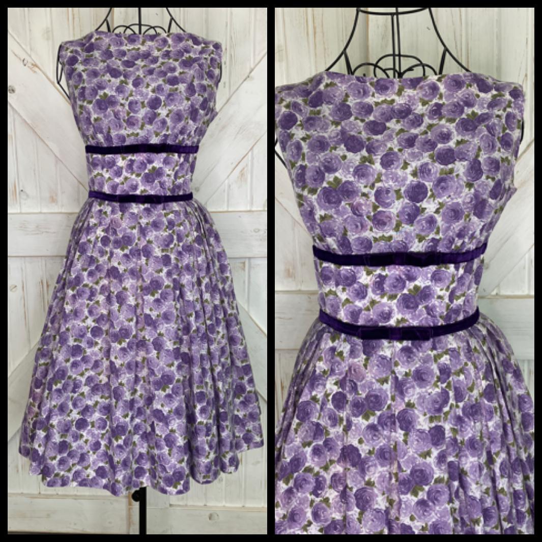 50's Vintage Youth Guild NY Purple White Green Floral Flower Pin Up Tea Garden Dress