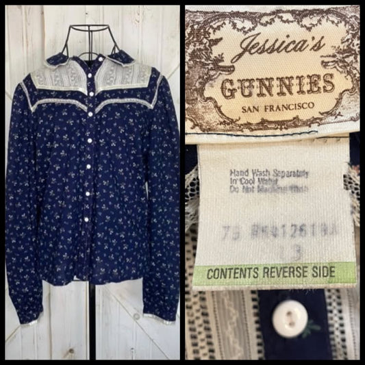 70's Vintage Gunne Sax Blue Red Green Calico White Lace Prairie Blouse Top 13