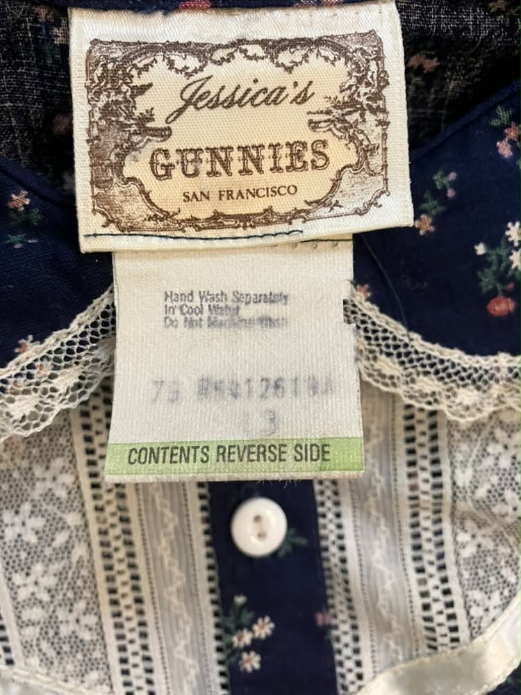 70's Vintage Gunne Sax Blue Red Green Calico White Lace Prairie Blouse Top 13